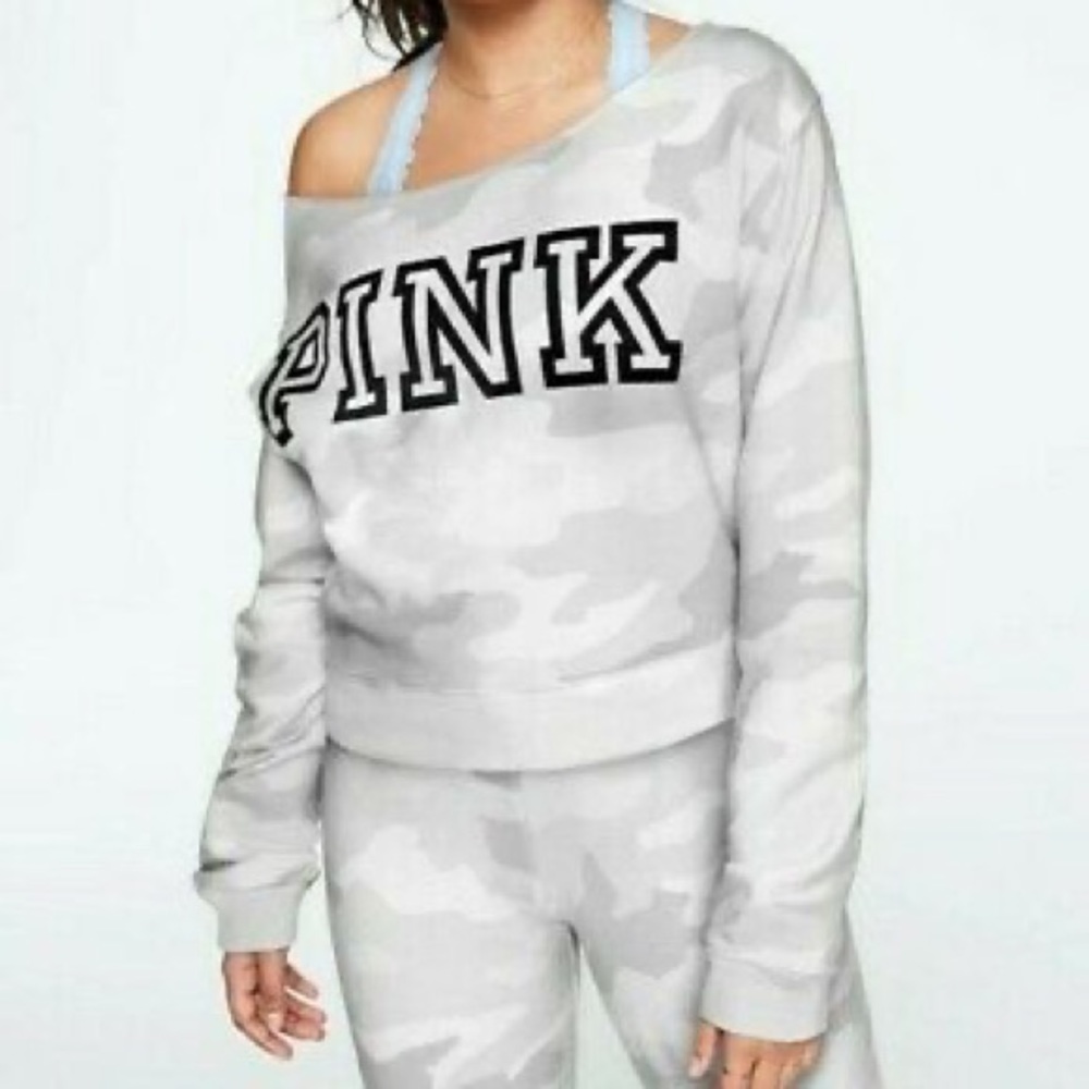 PINK classic logo sweatshirt and joggers in grey camo set.